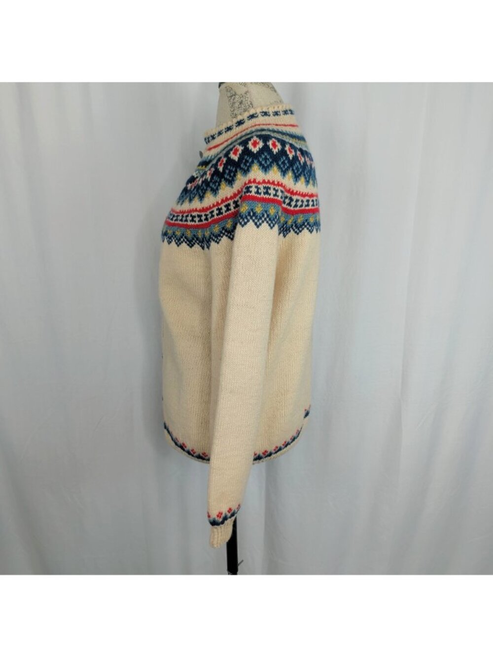Vintage 60s Fair Isle Knit Cardigan Medium Cream Nordic - Picture 6 of 8